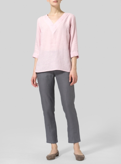 Linen V-neckline Pleated Top