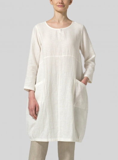 Soft White Linen Button Loop Balloon Tunic