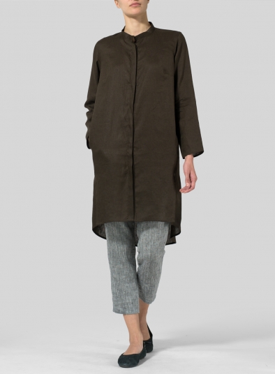 Linen Shirt Dress with Mandarin Collar
