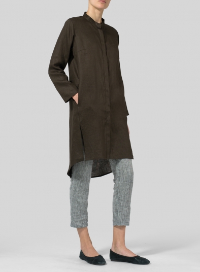 Linen Shirt Dress with Mandarin Collar