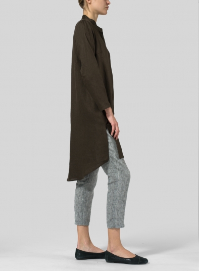 Linen Shirt Dress with Mandarin Collar