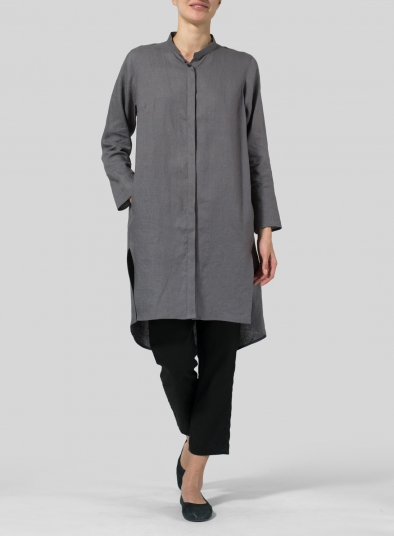 Linen Shirt Dress with Mandarin Collar