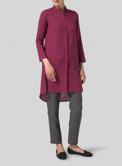 Linen Shirt Dress with Mandarin Collar