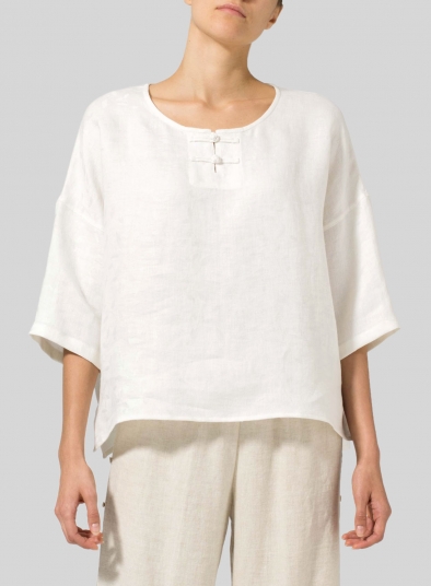 Linen Handmade Knot Button Patterned Top
