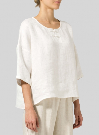 Linen Handmade Knot Button Patterned Top