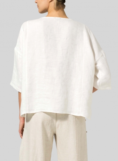 Linen Handmade Knot Button Patterned Top
