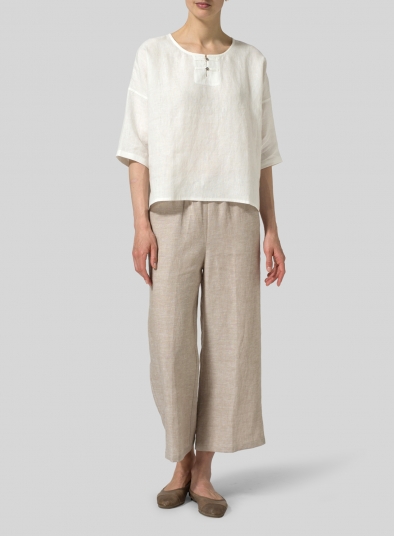 Linen 3/4-Sleeve Round-Neck Box Top