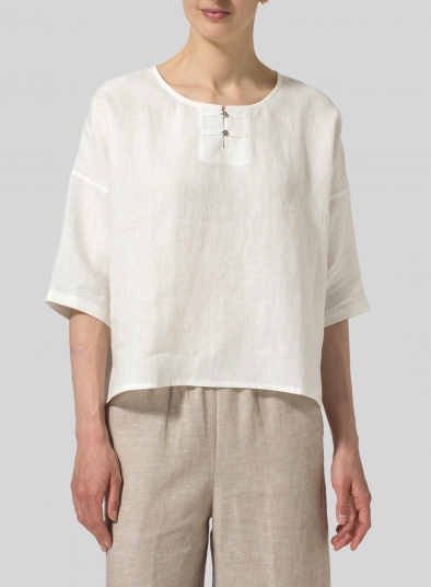 Linen 3/4-Sleeve Round-Neck Box Top