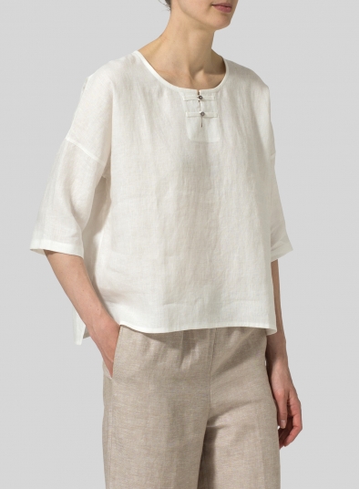 Linen 3/4-Sleeve Round-Neck Box Top