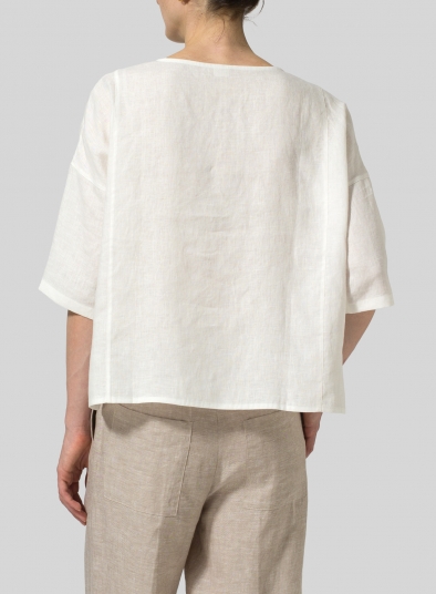 Linen 3/4-Sleeve Round-Neck Box Top