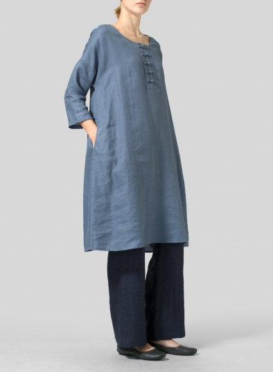 Linen Handmade Knot Button Long Blouse