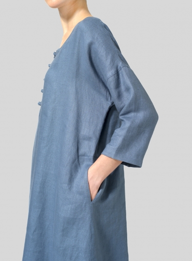 Linen Handmade Knot Button Long Blouse