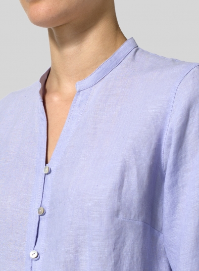 Linen V-neck Stand Collar Long Blouse