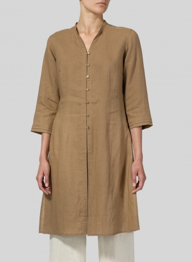 Linen V-neck Stand Collar Long Blouse