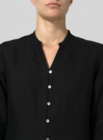 Linen V-neck Stand Collar Long Blouse