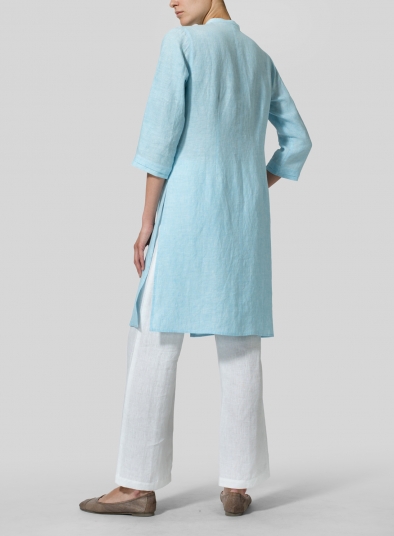 Linen V-neck Stand Collar Long Blouse