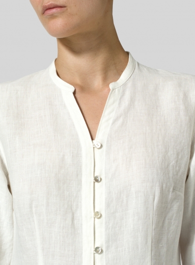 Linen V-neck Stand Collar Long Blouse