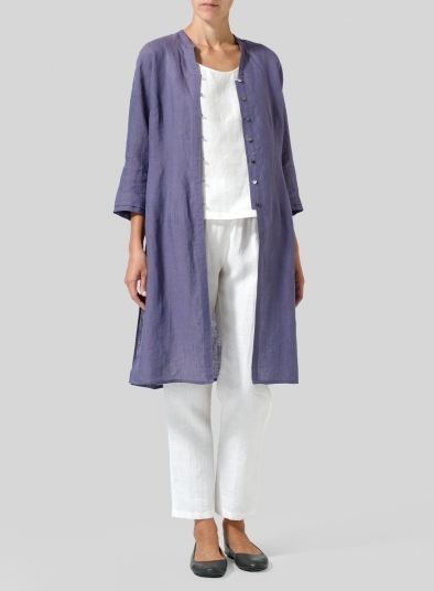 Linen V-neck Stand Collar Long Blouse