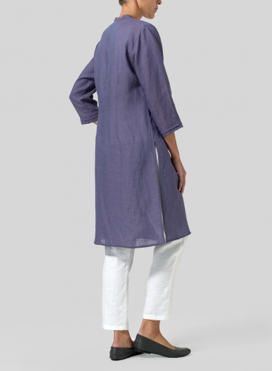 Linen V-neck Stand Collar Long Blouse