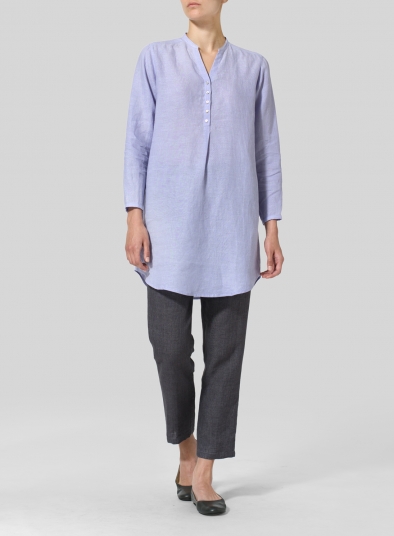 Linen Long Blouse With V-neck Mandarin Collar