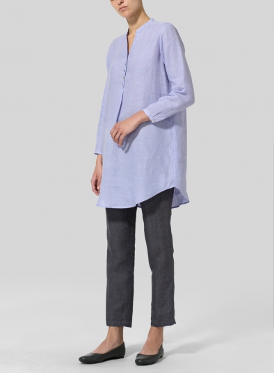 Linen Long Blouse With V-neck Mandarin Collar