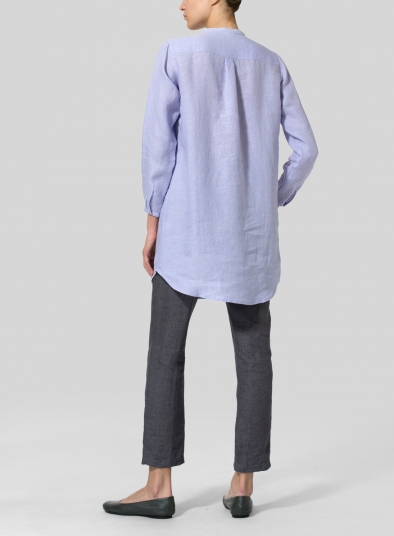 Linen Long Blouse With V-neck Mandarin Collar