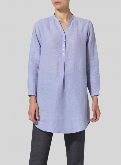 Linen Long Blouse With V-neck Mandarin Collar