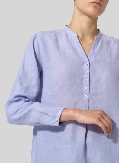 Linen Long Blouse With V-neck Mandarin Collar