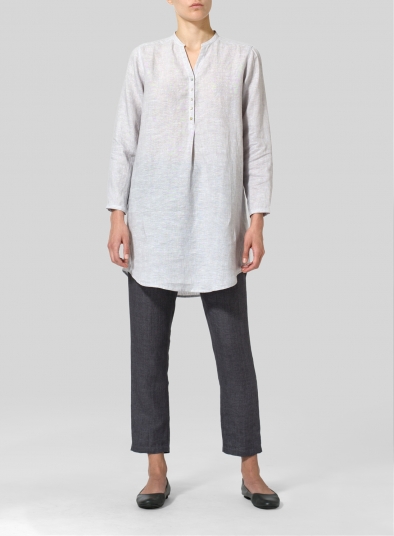 Linen Long Blouse With V-neck Mandarin Collar