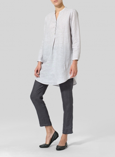 Linen Long Blouse With V-neck Mandarin Collar