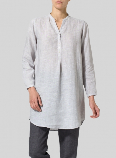 Linen Long Blouse With V-neck Mandarin Collar