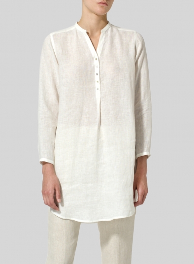 Linen Long Blouse With V-neck Mandarin Collar