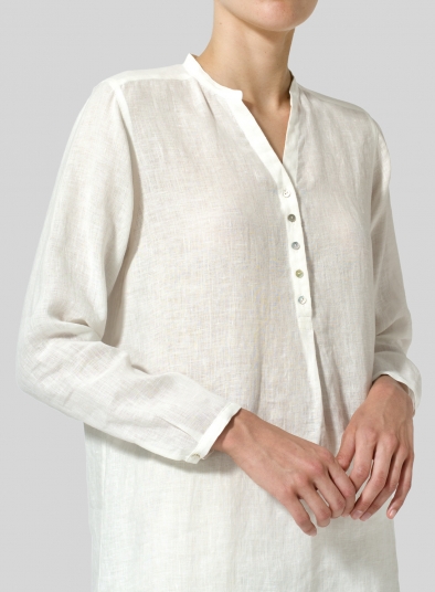 Linen Long Blouse With V-neck Mandarin Collar