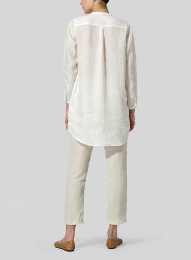 Linen Long Blouse With V-neck Mandarin Collar