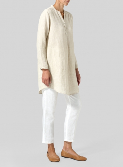 Linen Long Blouse With V-neck Mandarin Collar