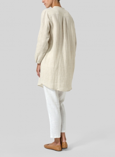 Linen Long Blouse With V-neck Mandarin Collar