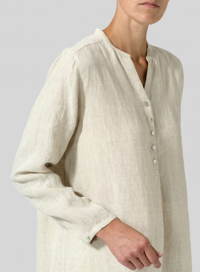 Linen Long Blouse With V-neck Mandarin Collar