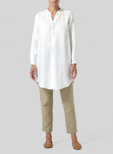 Linen Long Blouse With V-neck Mandarin Collar