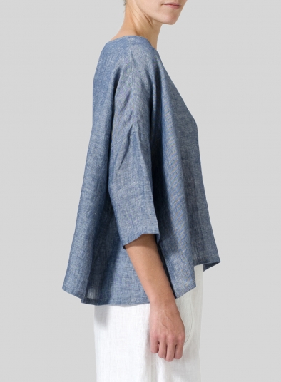 Two Tone Denim Linen Dropped Shoulder Top