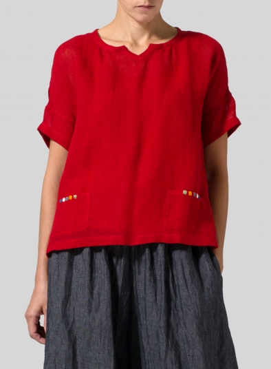 Linen Embroider Pocket Lightweight Top