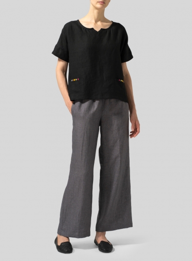 Linen Boxy Fit Embroidery Pocket Top