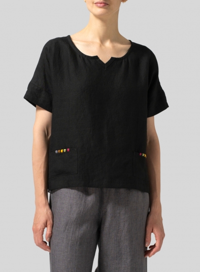 Linen Boxy Fit Embroidery Pocket Top