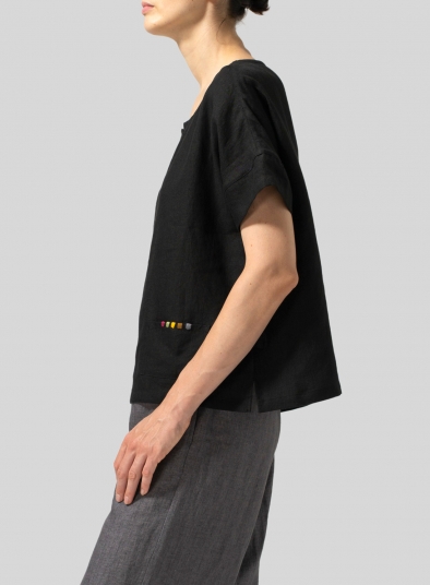 Linen Boxy Fit Embroidery Pocket Top