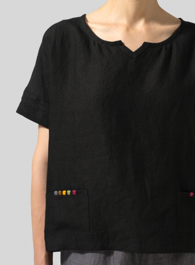 Linen Boxy Fit Embroidery Pocket Top