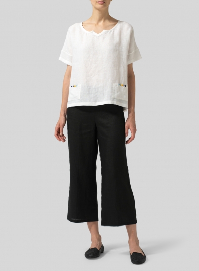 Linen Boxy Fit Embroidery Pocket Top