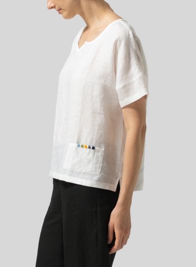 Linen Boxy Fit Embroidery Pocket Top