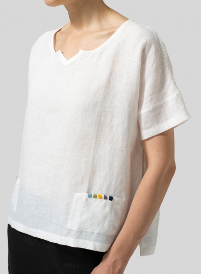 Linen Boxy Fit Embroidery Pocket Top