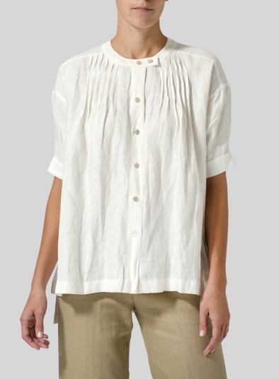 Linen Pintucked Short Sleeves Blouse