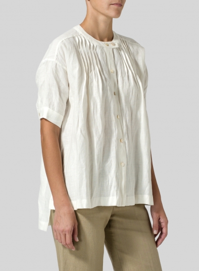 Linen Pintucked Short Sleeves Blouse