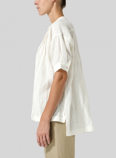 Linen Pintucked Short Sleeves Blouse